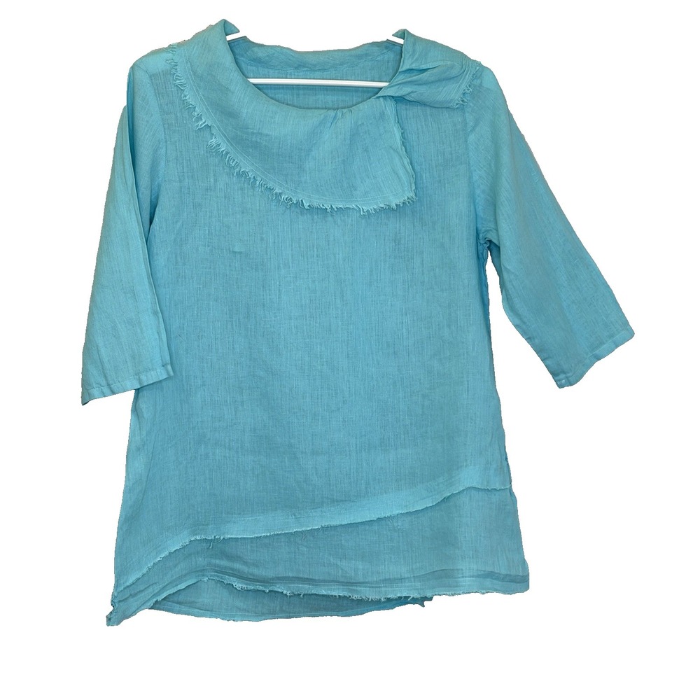 Match Point Linen Top Womens Medium Blue Turquoise 3/4‎ Sleeve Layered Raw Hem